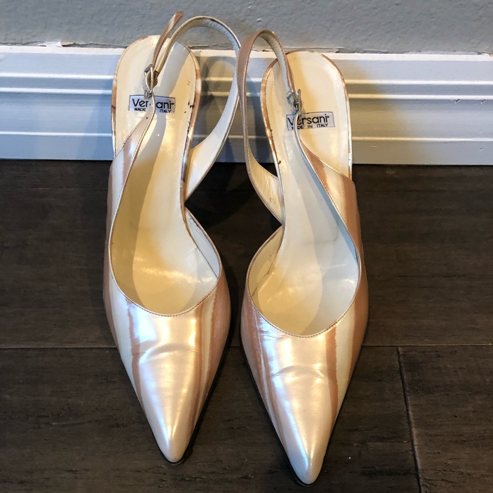 Verdani Silk Patten Leather Beige Sling Shoes